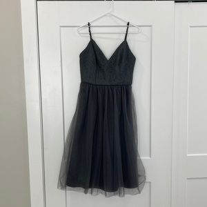 Gray, Tea-length, David’s Bridal bridesmaid’s dress
